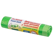 Мешки для мусора 35 л, биоразлагаемые с завязками, зеленые, в рулоне 20 шт., ПНД, 14 мкм, 600х500 мм, LAIMA ULTRA, 607688 в Таганроге